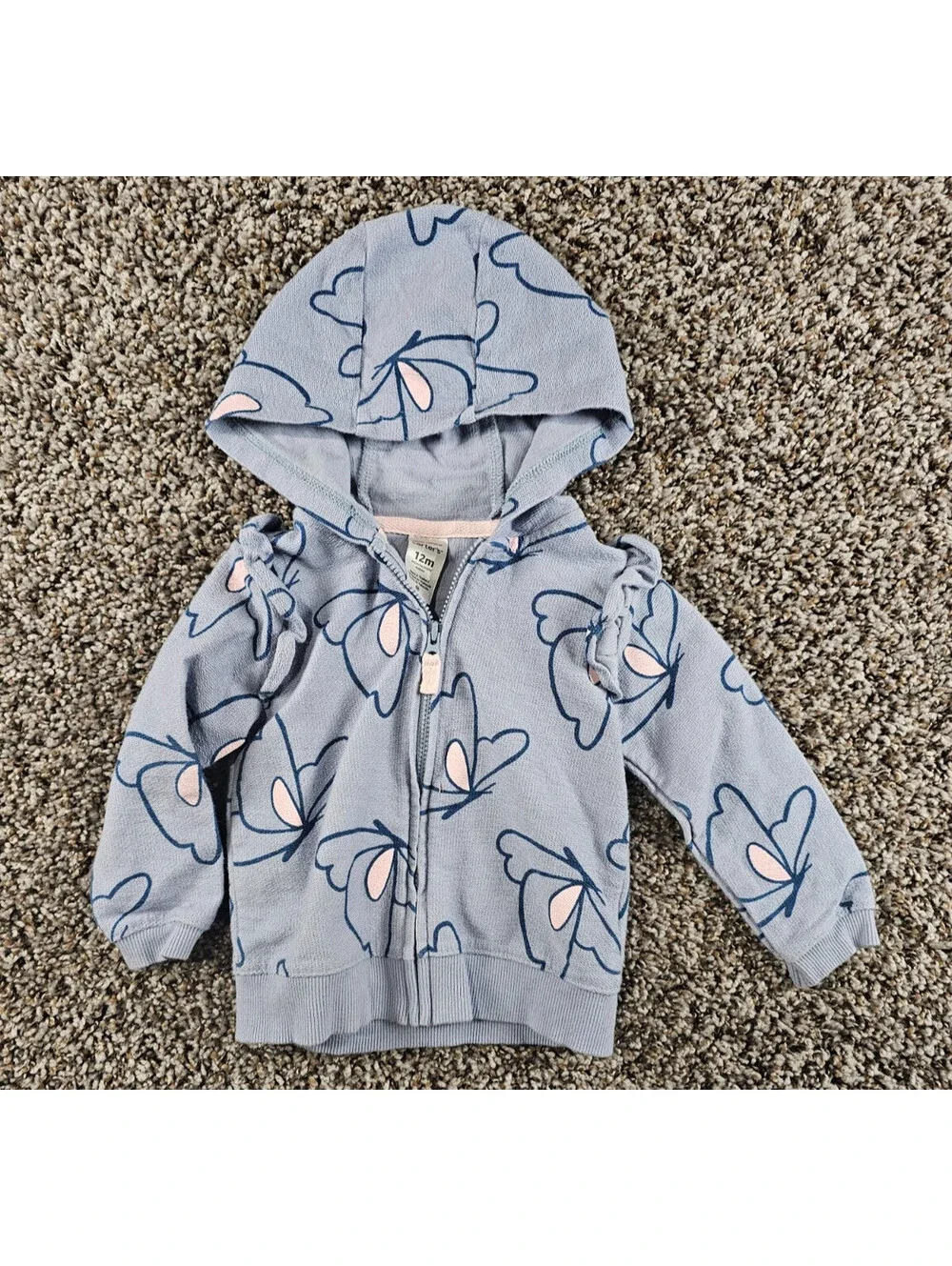Carters Baby Girls Sz 12M Zip Up Hoodie Sweatshirt Light Purple Butterfly Print